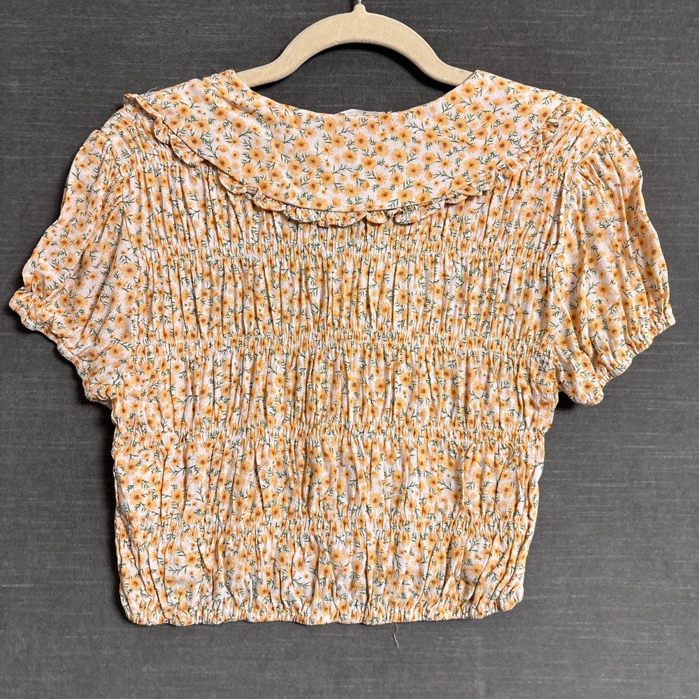Elodie Top M Orange Yellow Floral Smocked Ruffle Collar Tie Crop Boho Cottage - Picture 3 of 10